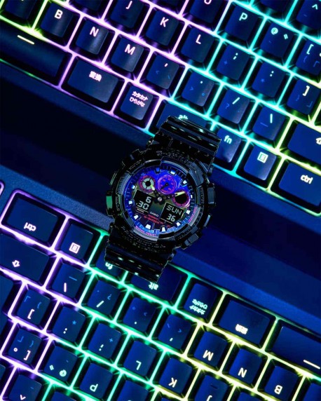 G-SHOCK Dual Time Chronograph Black Rubber Strap GA-100RGB-1AER 