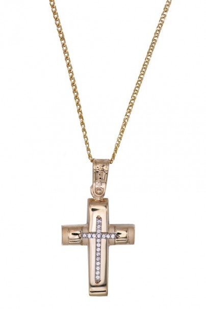 Σταυρός Με Αλυσίδα,Xρυσός 14 Καράτια Με Ζιργκόν oro1903 